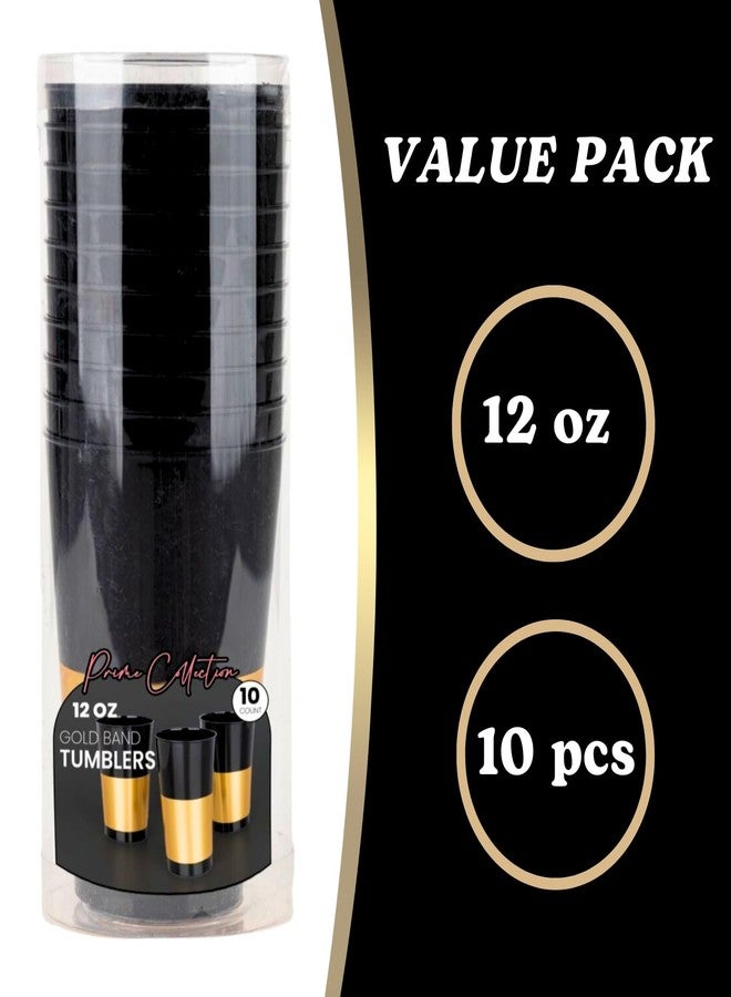 Blue Sky Black & Gold-Banded Plastic Tumblers (Pack of 10) - 12oz Elegant Disposable, Round Cups for Parties & Events - Image 3